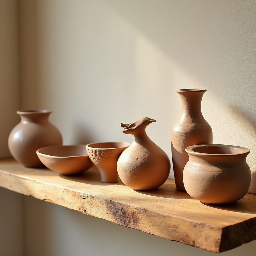 Several finished air-dry clay pieces displayed on a shelf, showing bowls and small sculptures