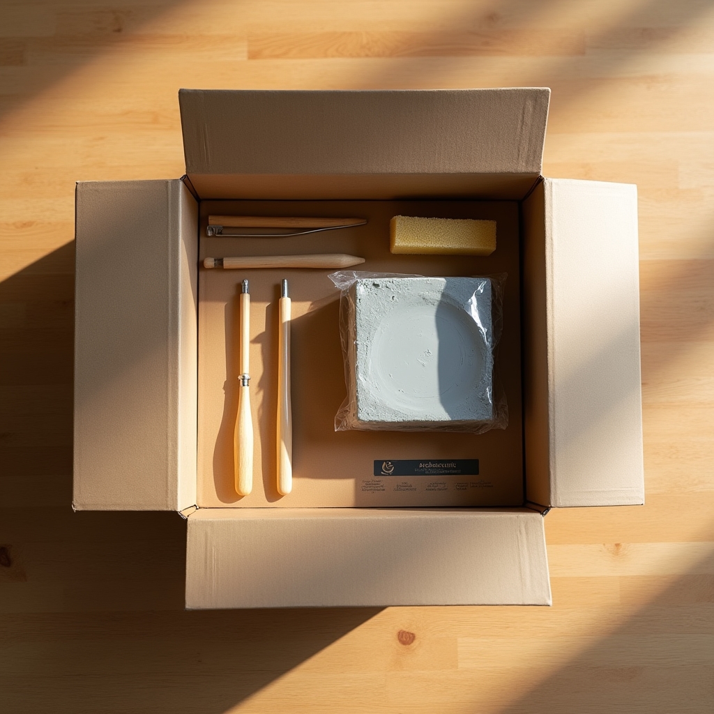 Pottery kit contents laid out on a wooden table including clay, tools, and project guide