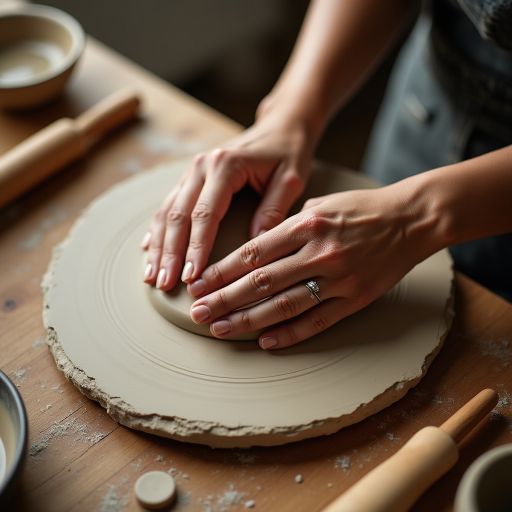 Hands shaping clay on a pottery wheel during a virtual class