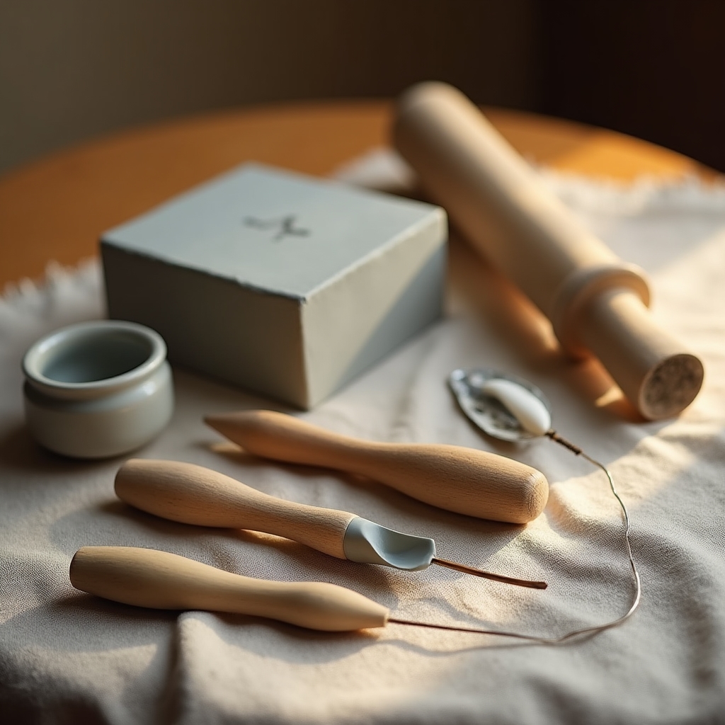 Close-up of pottery kit showing clay blocks, wooden tools, wire cutter and sponge