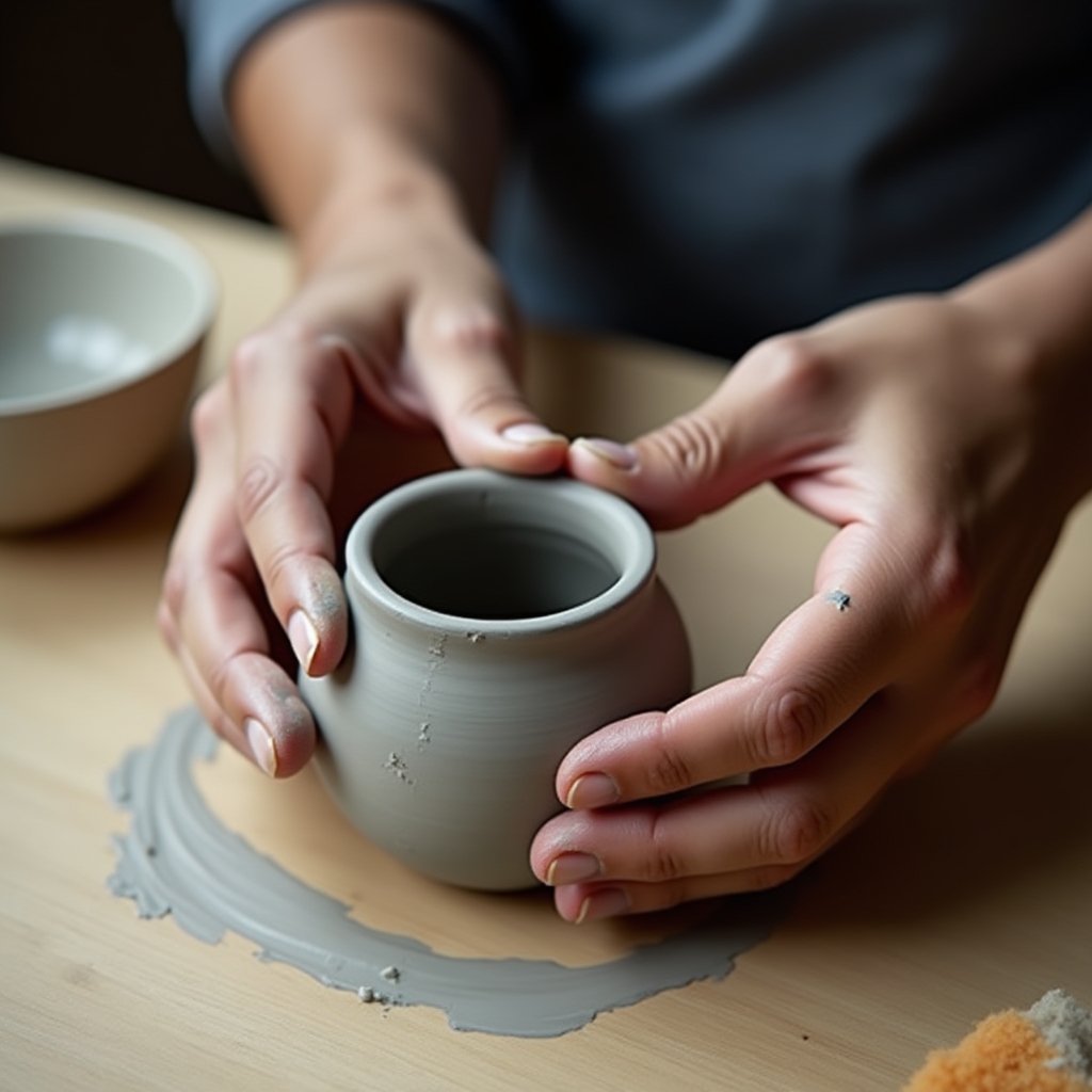 Student hands forming a pinch pot with clay during a home pottery session